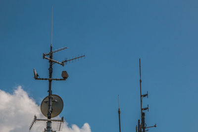 Low angle view of weather vane against clear blue sky