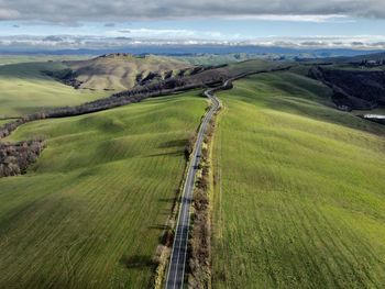 High angle view of land against sky