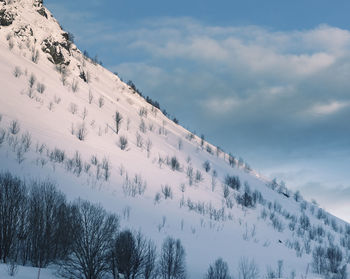 Low angle view of snow covered mountain against sky