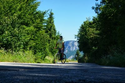 Man riding bicycle on road amidst trees