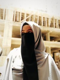 Rear view of woman wearing mask