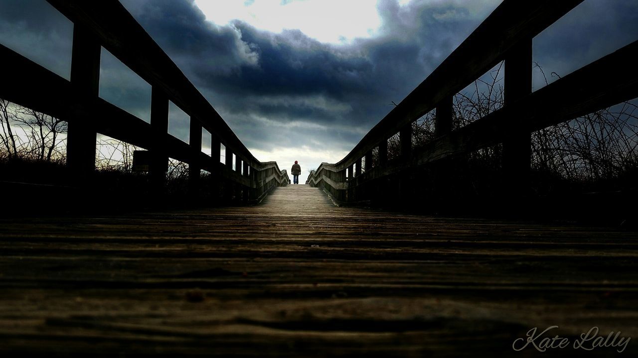 the way forward, sky, diminishing perspective, cloud - sky, vanishing point, bridge - man made structure, cloudy, built structure, transportation, connection, surface level, architecture, railing, weather, long, cloud, dusk, sunset, outdoors, empty