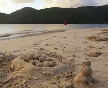 Close-up of snowman sand sculpture on beach