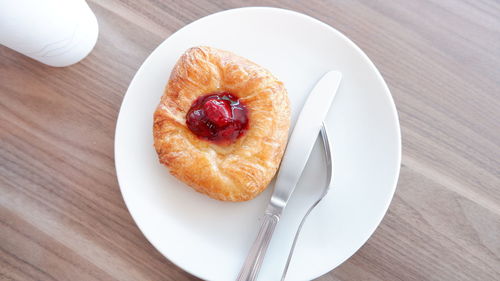 High angle view of cake in plate on table