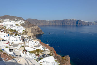 High angle view of sea against clear blue sky