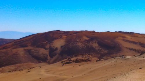 Scenic view of desert against clear blue sky