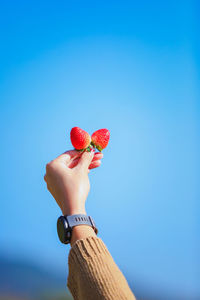 Midsection of man holding strawberry against blue sky