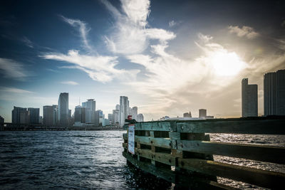 Buildings by river against sky in city