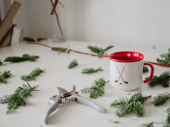 Close-up of christmas decorations on table