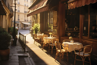 Empty chairs and tables in restaurant