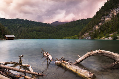 Scenic view of blindsee lake on cloudy summer evening