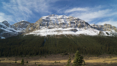 Scenic view of snowcapped mountains against cloudy sky