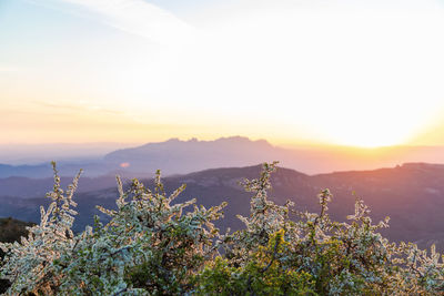 Scenic view of mountains against sky during sunset