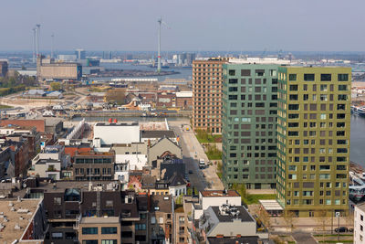 High angle view of buildings against sky