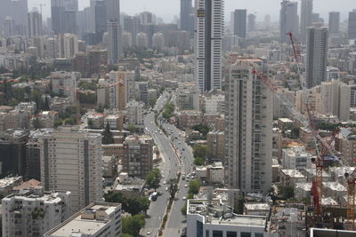 High angle view of modern buildings in city