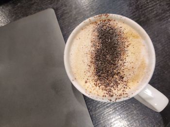 High angle view of coffee on table
