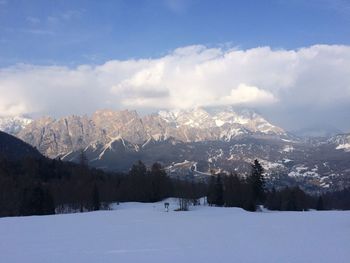 Scenic view of mountains against cloudy sky