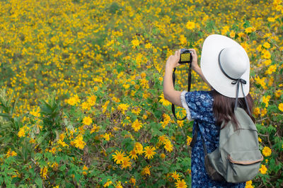 Midsection of person standing by yellow flowers on field