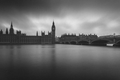 View of the houses of parliament  by river against cloudy sky.