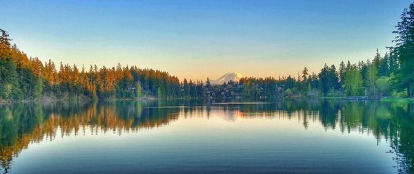 Scenic view of calm lake against clear sky