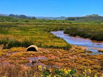 Scenic view of lake by mountain against sky