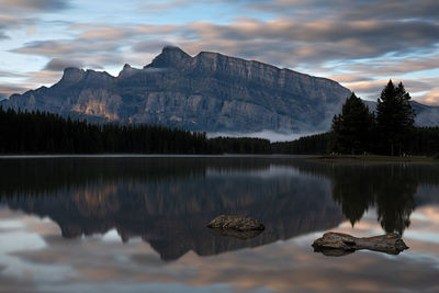 Scenic view of lake and mountains against sky