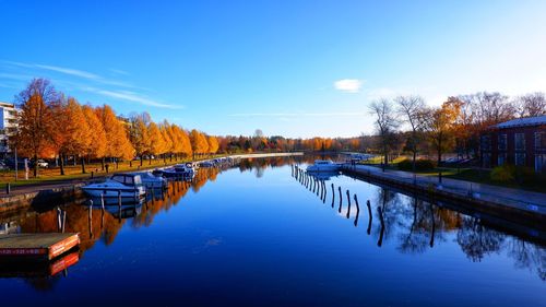 Scenic view of lake against blue sky during autumn