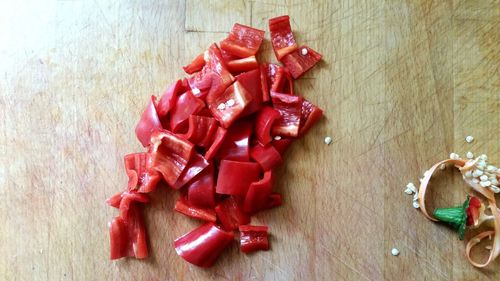 High angle view of tomatoes on table