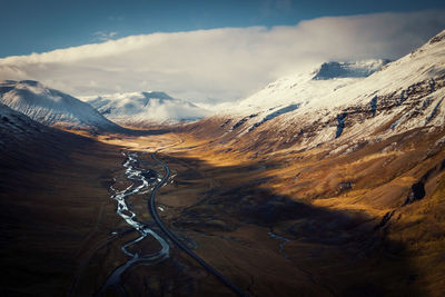 Scenic view of snowcapped mountains against sky