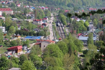 High angle view of townscape and trees in town