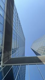 Low angle view of modern building against clear blue sky