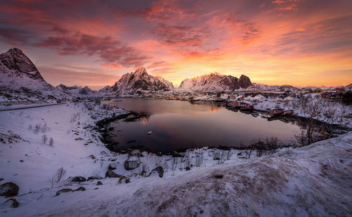 Scenic view of snowcapped mountains against sky during sunset