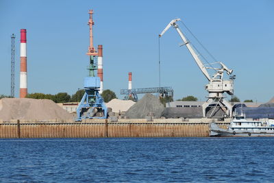 River port. port cranes on the river bank. nizhny novgorod, oka river. high quality photo