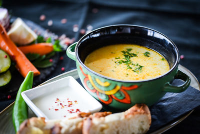 High angle view of soup in bowl on table