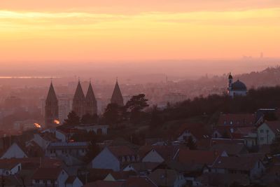 High angle view of townscape against sky during sunset