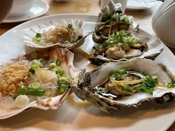 High angle view of food served on table