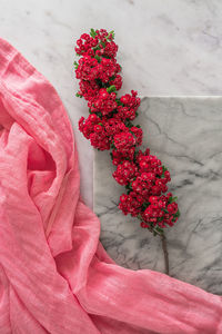 Close-up of pink flower bouquet against red wall