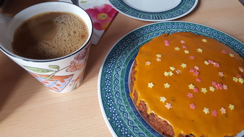 High angle view of breakfast on table