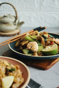 High angle view of food in plate on table