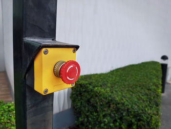 Close-up red emergency push button on yellow box