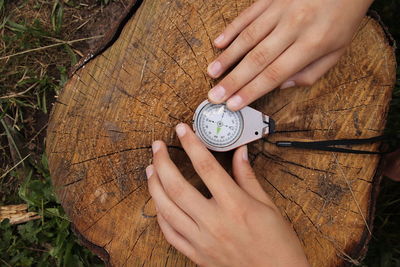 Cropped hands of person by navigational compass on tree stump