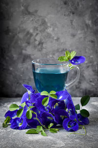 Close-up of purple flowers on blue table