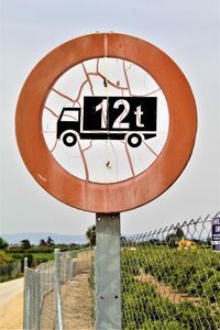 Close-up of warning sign on field against sky