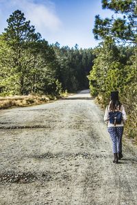 Rear view of woman walking on road