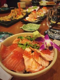 Close-up of served food on table