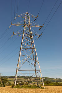 Low angle view of electricity pylon on field of corn against clear sky