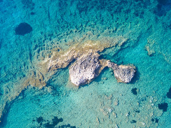 High angle view of rocks on sea shore