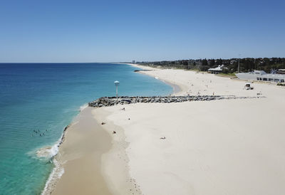 Panoramic view of beach against clear blue sky