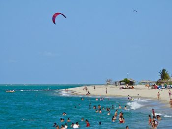 People enjoying on beach and sea against clear blue sky