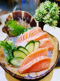 High angle view of food served in bowl on table